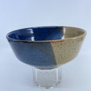 studio art pottery 2 toned blue and tan stoneware bowl signed by artist 7 5/8" x